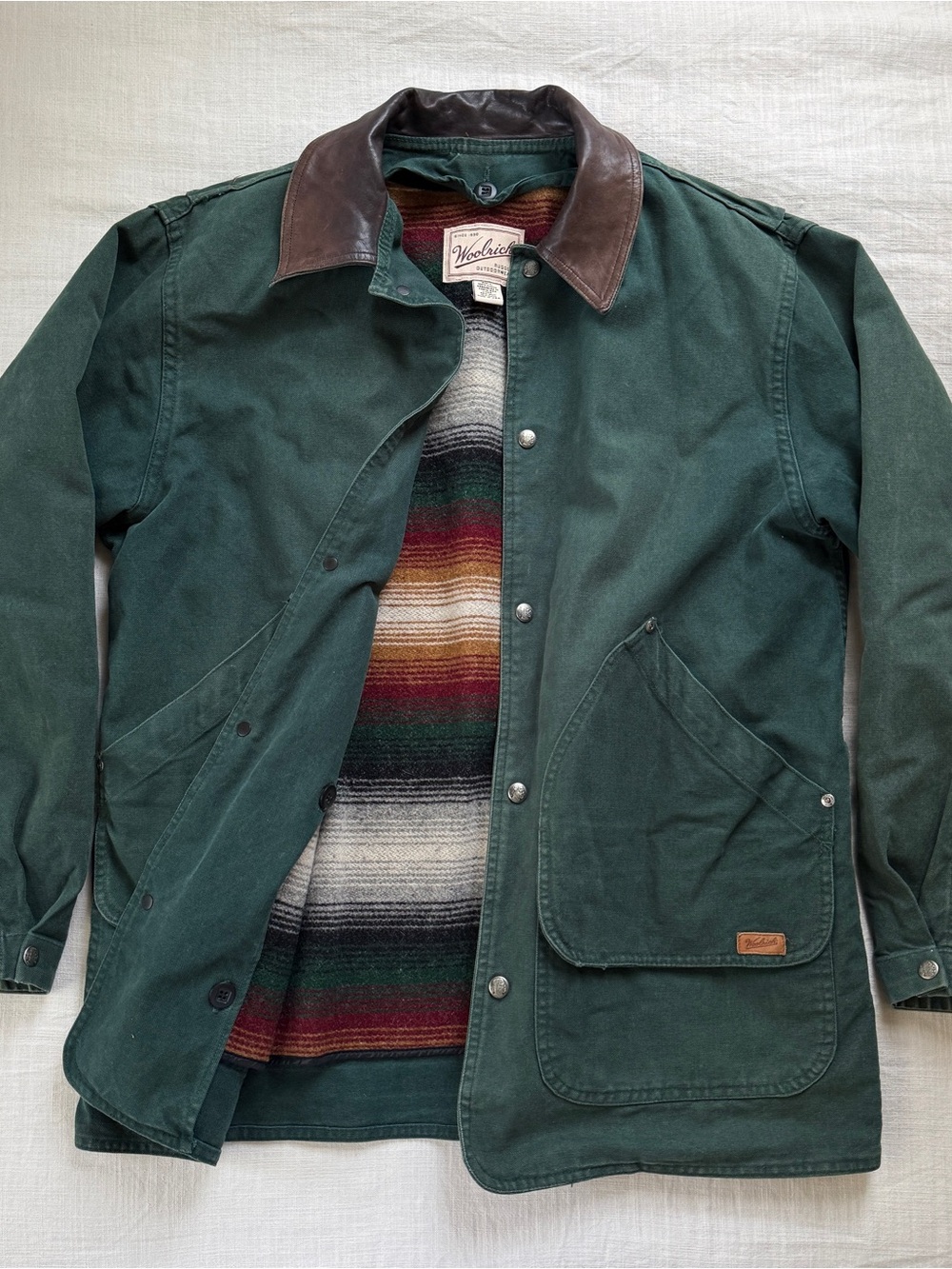 Vintage Woolrich Blanket Lined Chore Jacket Green Leather Collar Made USA